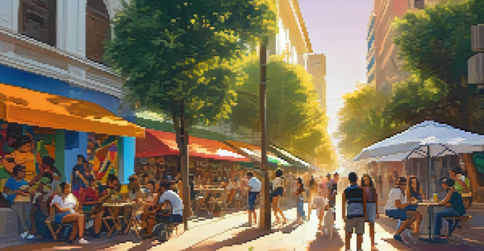 A lively street scene in São Paulo with diverse people engaged in conversation amidst colorful street art and greenery.