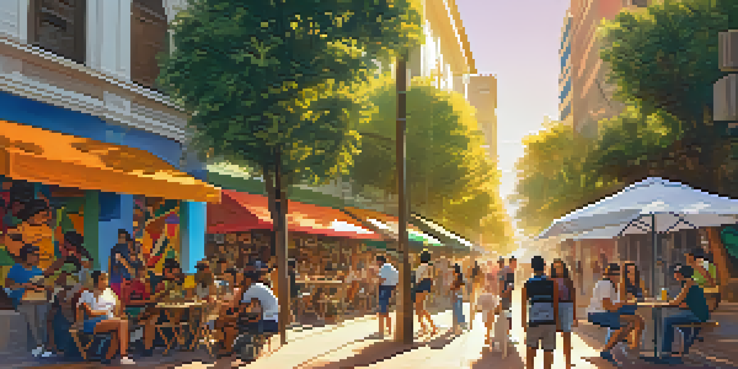 A lively street scene in São Paulo with diverse people engaged in conversation amidst colorful street art and greenery.