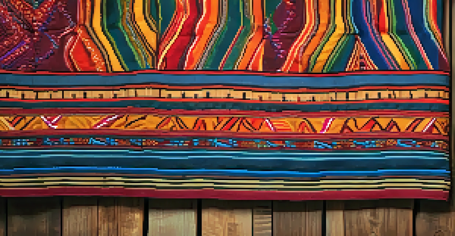 A close-up of a colorful Brazilian textile showcasing intricate patterns and textures in natural light.