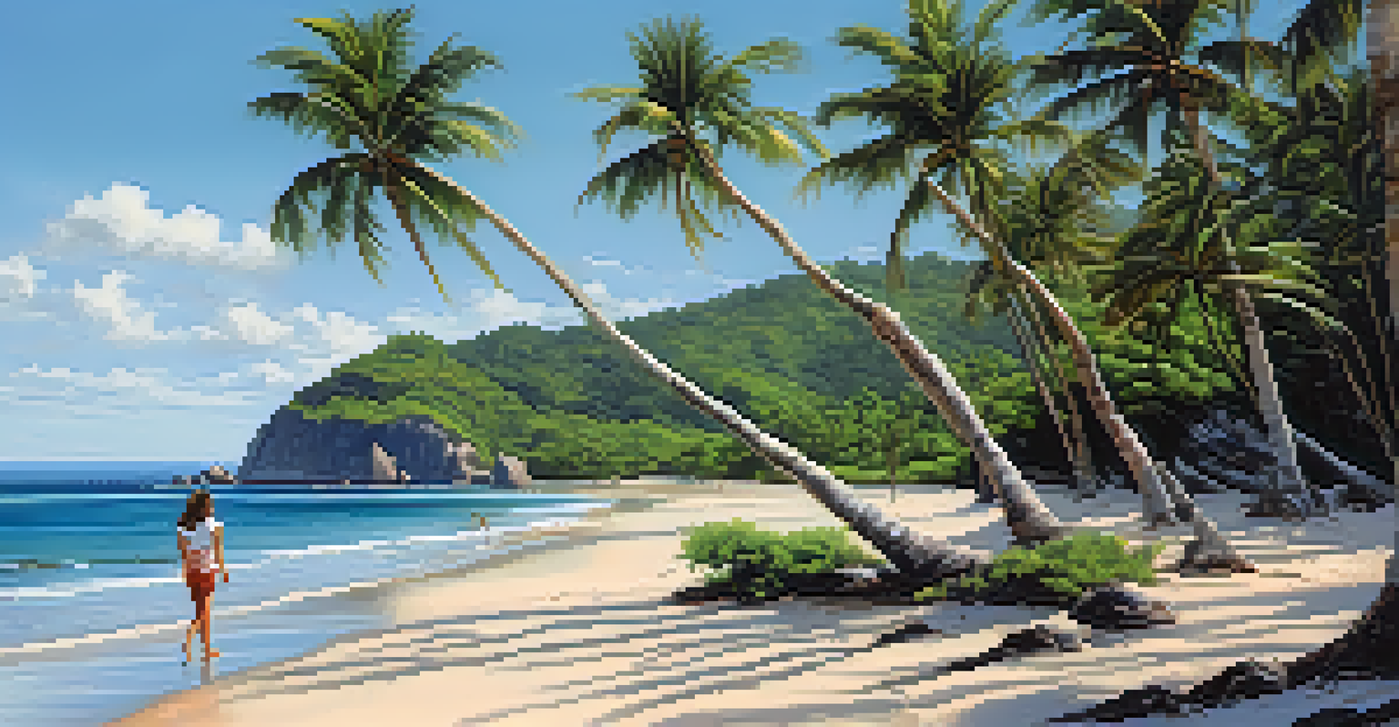 Couple walking on a secluded beach with coconut palm trees, clear blue sky, and ocean waves at Praia do Patacho.