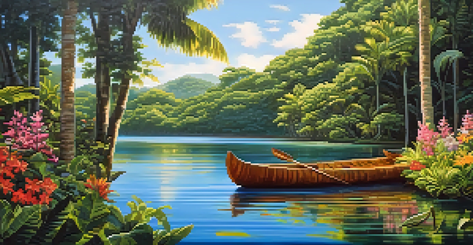 A traditional Brazilian canoe on a calm river, with lush greenery and colorful flowers surrounding it under a bright blue sky.