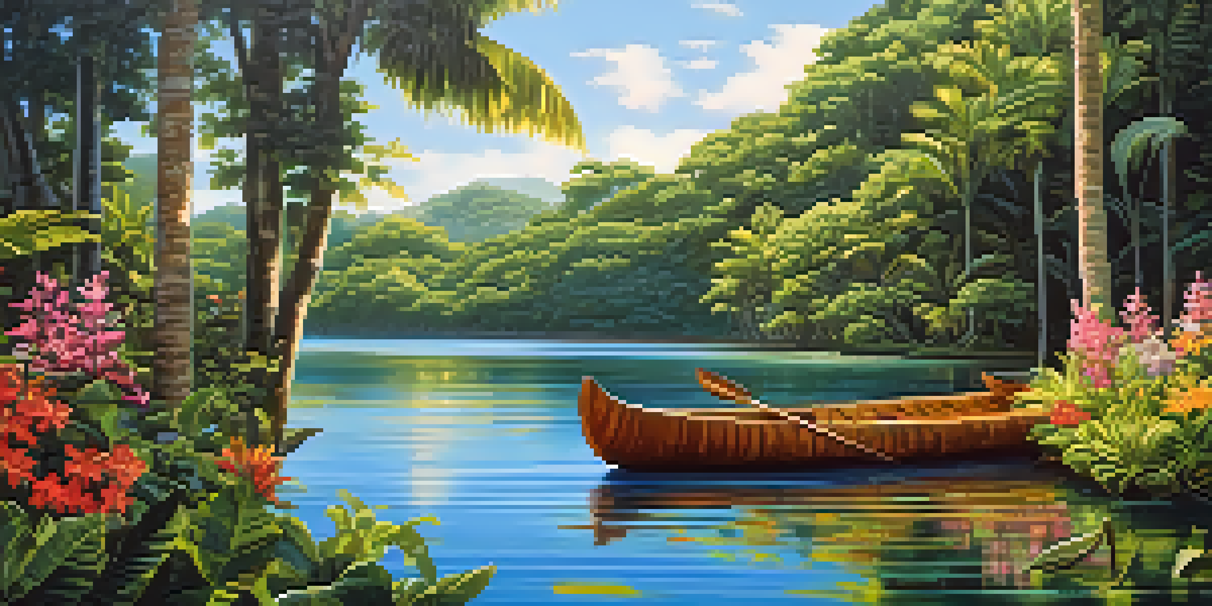 A traditional Brazilian canoe on a calm river, with lush greenery and colorful flowers surrounding it under a bright blue sky.