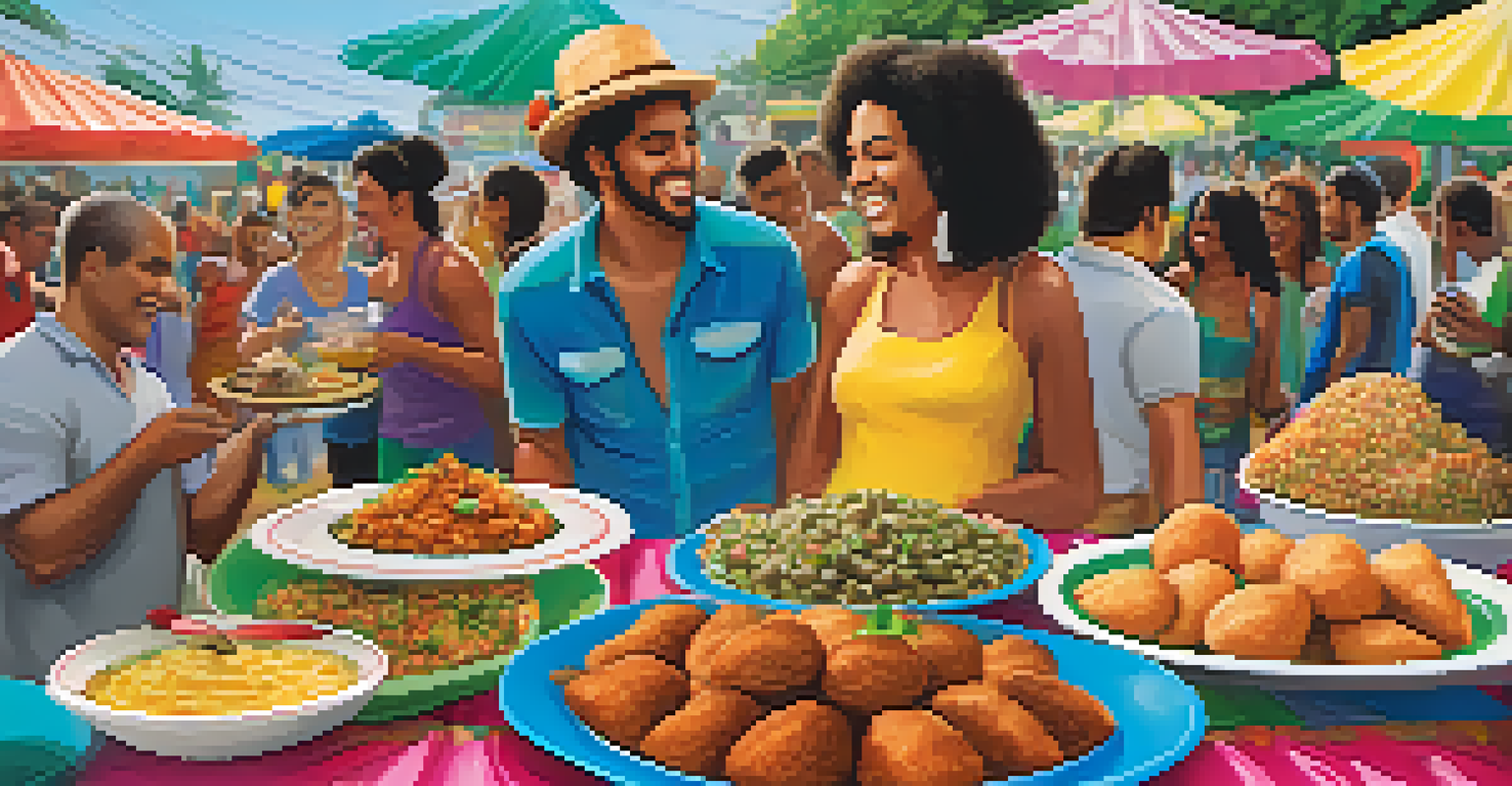 A colorful display of traditional Brazilian dishes like coxinha and feijoada at a Carnival street party.