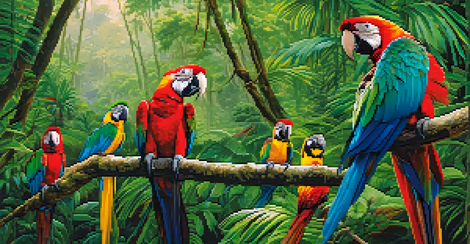 Wildlife photographers in the Amazon rainforest photographing a colorful macaw on a branch.