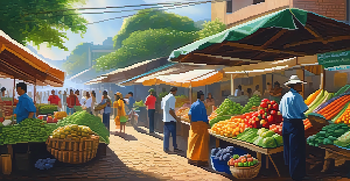 A lively Brazilian market with colorful fruits and vegetables, under sunlight filtering through leaves, and vendors interacting with customers.