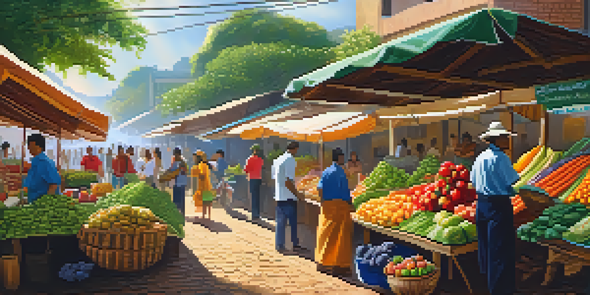 A lively Brazilian market with colorful fruits and vegetables, under sunlight filtering through leaves, and vendors interacting with customers.