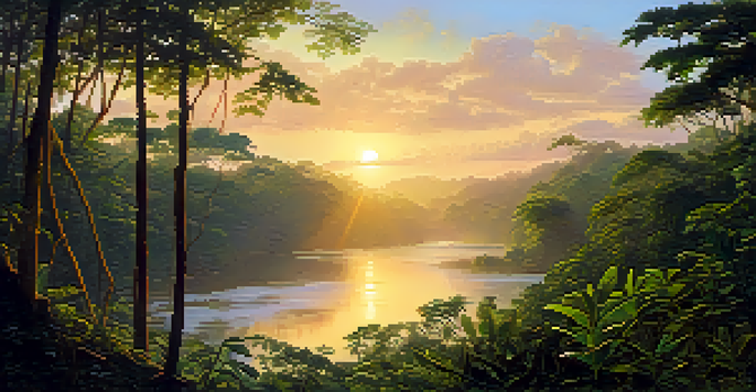 A stunning sunset view over the Amazon rainforest, showcasing lush greenery and a winding river illuminated by warm sunlight.