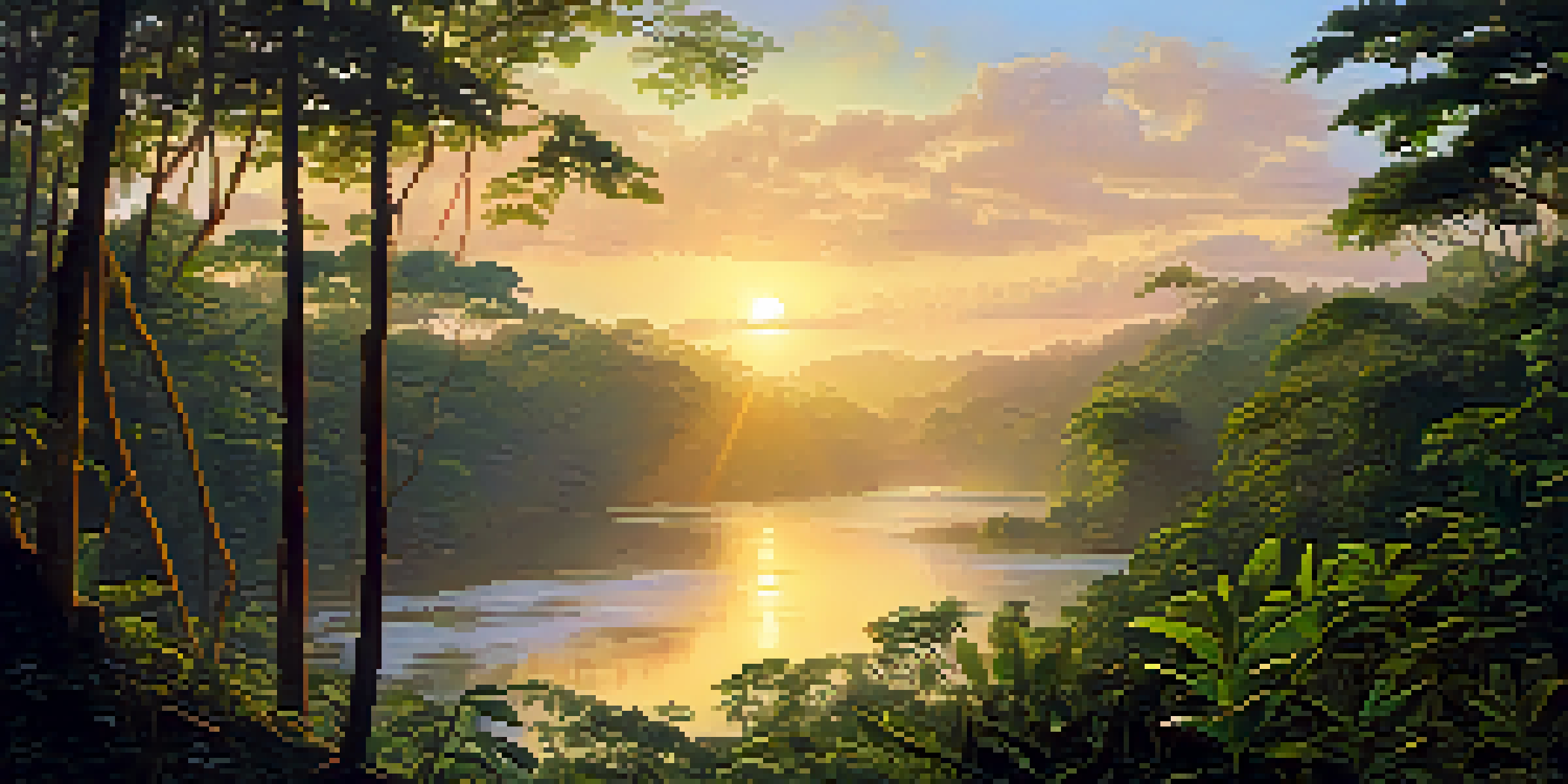 A stunning sunset view over the Amazon rainforest, showcasing lush greenery and a winding river illuminated by warm sunlight.