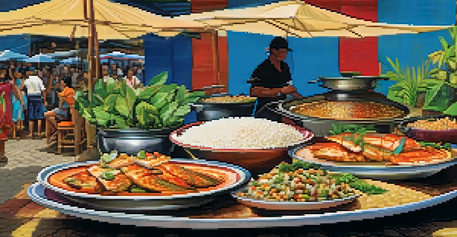 A vibrant plate of grilled tambaqui fish with rice and beans at the Parintins Folklore Festival, surrounded by colorful street vendor stalls.