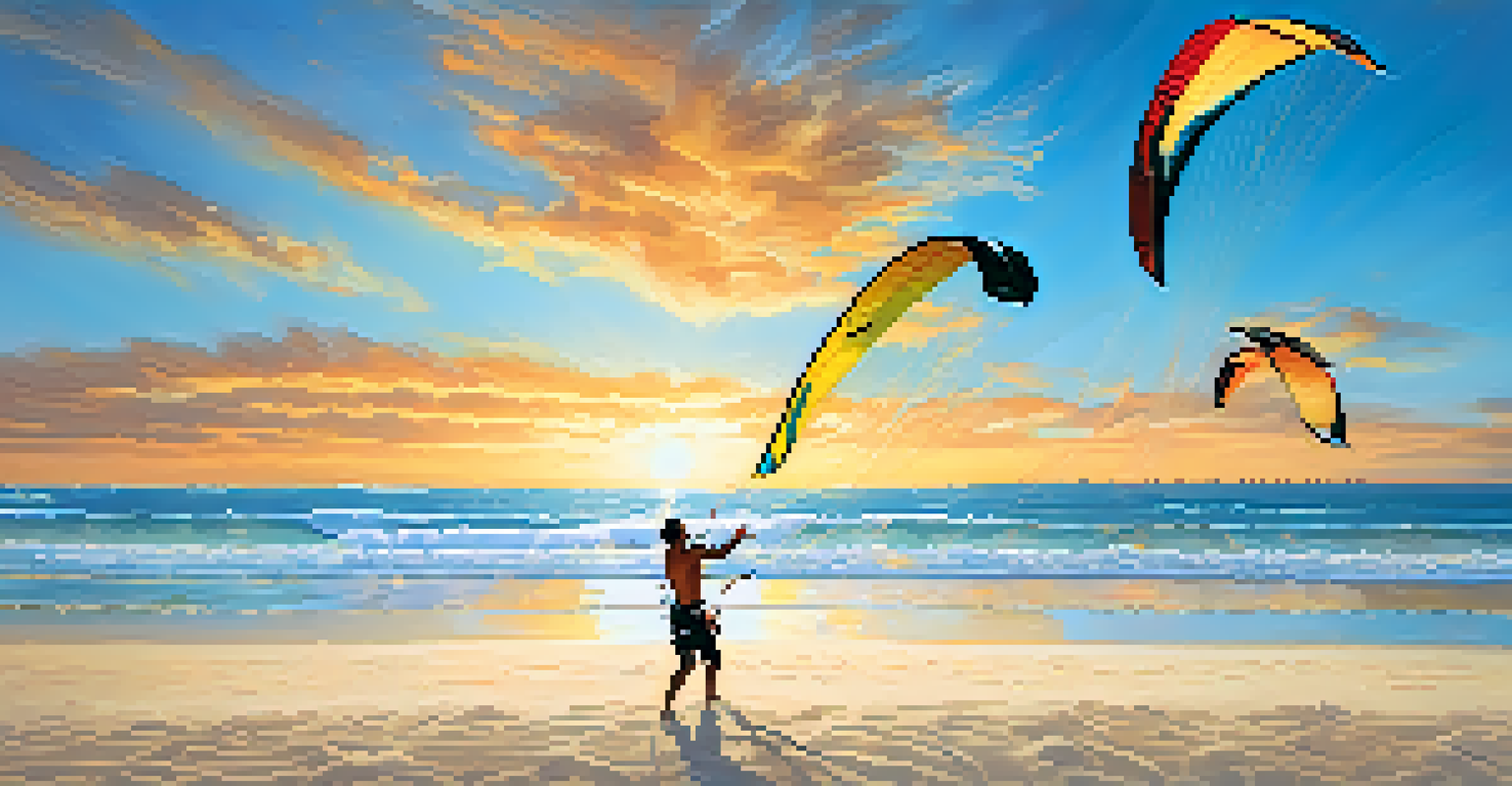 A kitesurfer launching off the water in Jericoacoara, Brazil, with colorful kites and a beautiful beach backdrop.