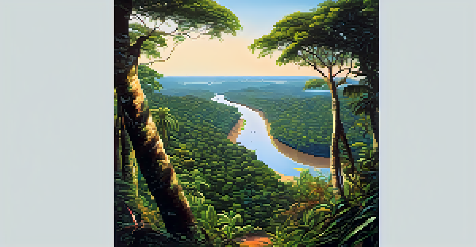 A picturesque view of the Amazon rainforest featuring greenery, a river, and wildlife like birds and monkeys.