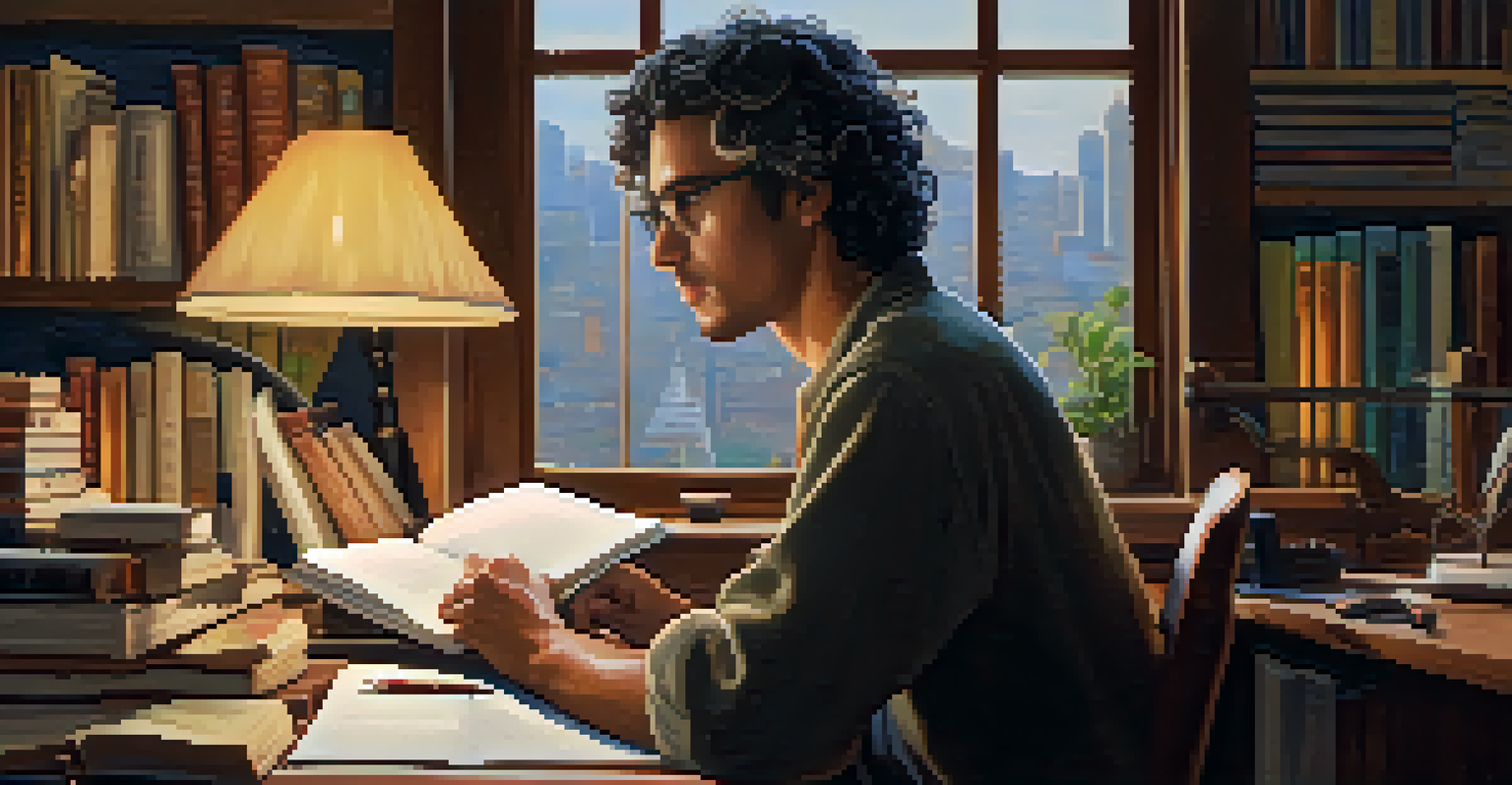 A Brazilian writer sitting at a desk with books and a notebook, illuminated by warm light from a lamp, looking out at a city street.