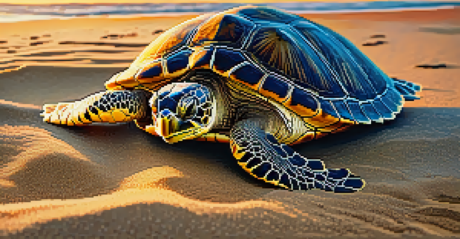 A close-up of a sea turtle nesting on a sandy beach at sunset, highlighting its textured shell.