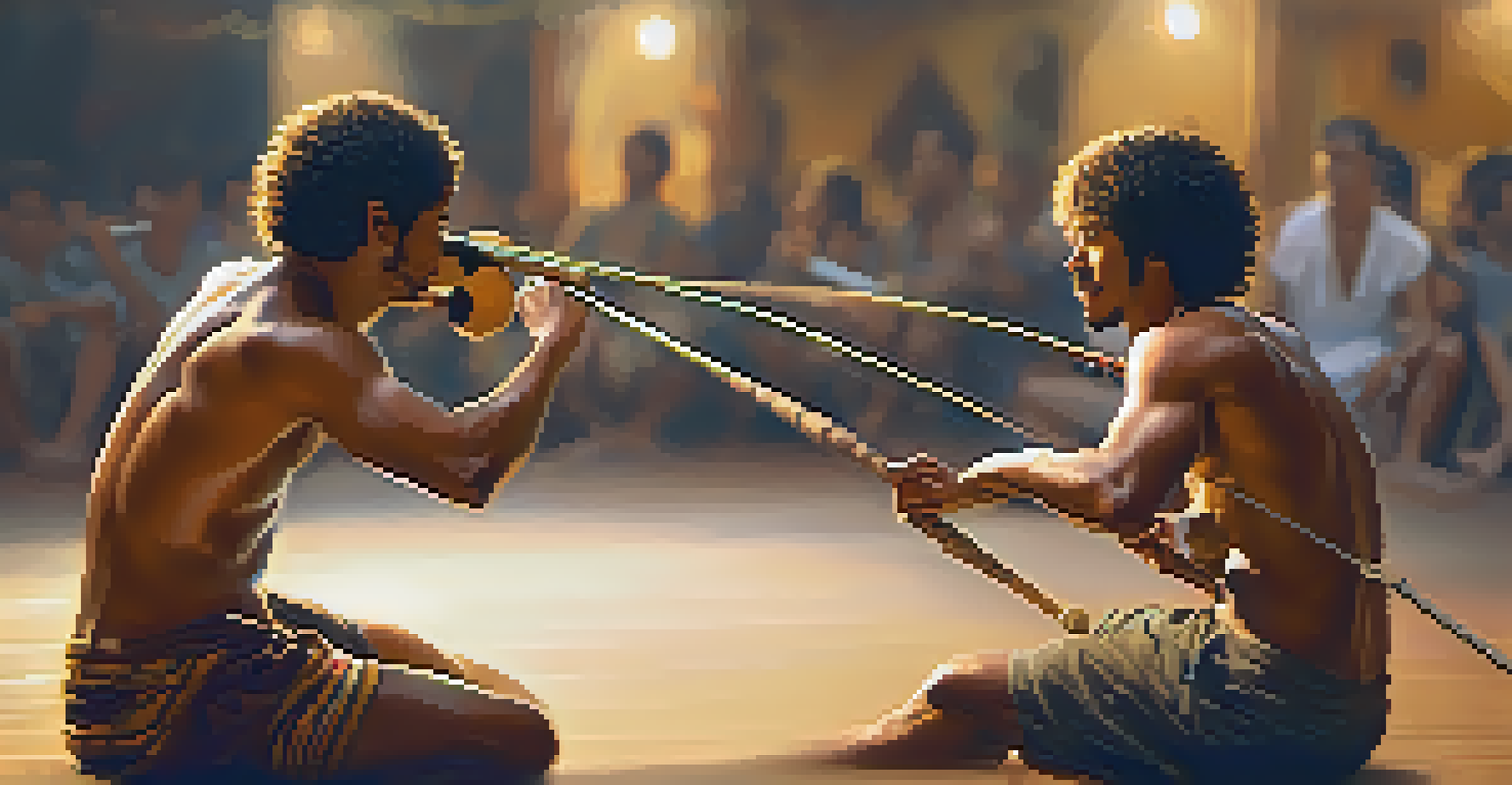 A close-up of a berimbau instrument being played, with blurred figures of Capoeira practitioners in the background.