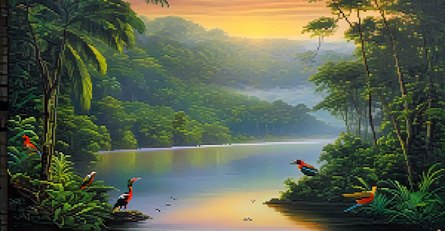 A peaceful Amazon rainforest landscape at dawn with mist, river, and colorful birds.