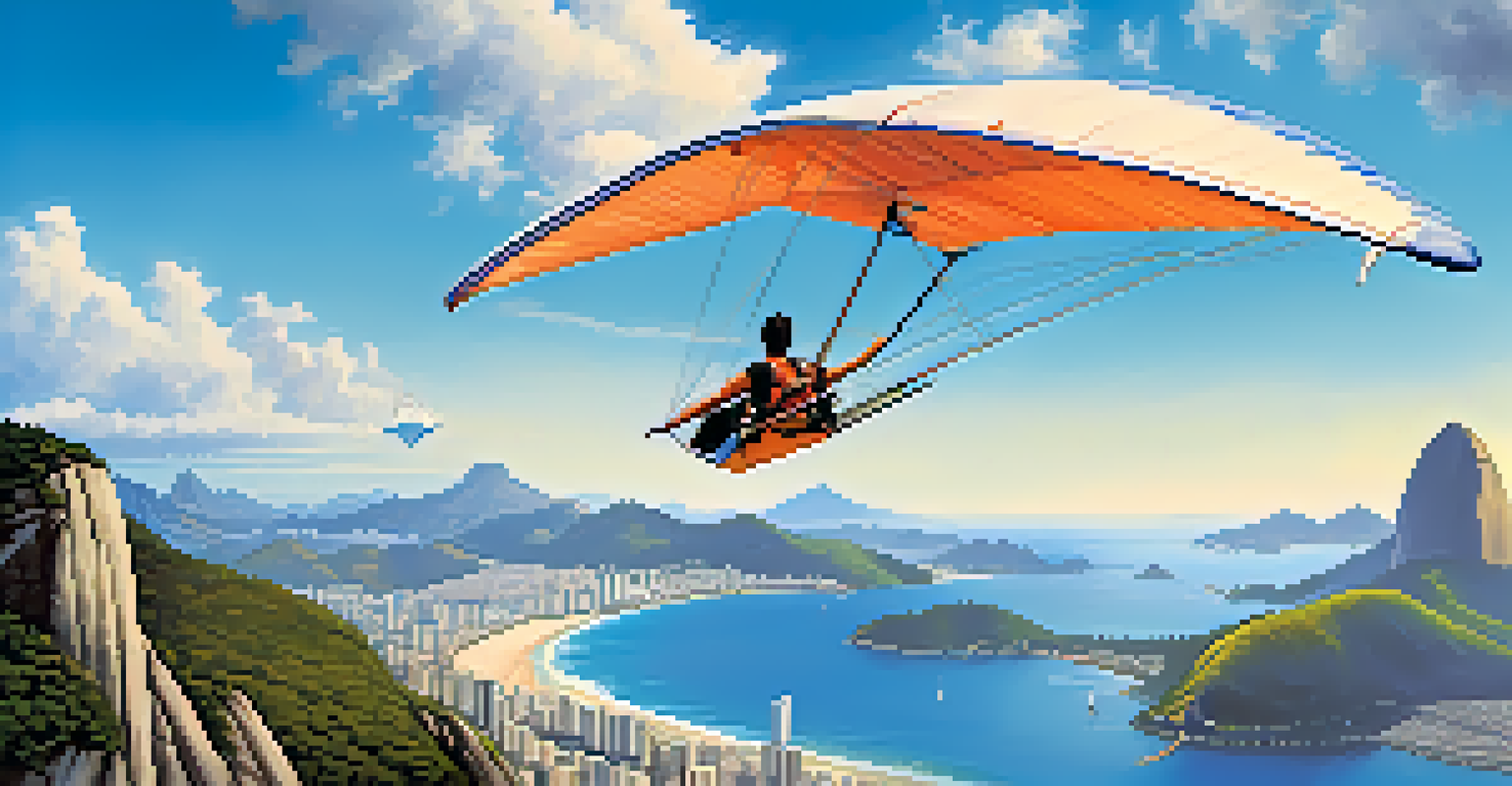A hang glider soaring over the beaches and mountains of Rio de Janeiro, with Sugarloaf Mountain and Christ the Redeemer in the background.