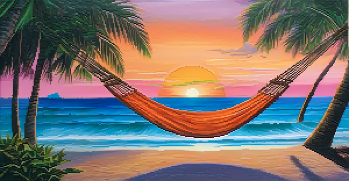 A tranquil beach scene at sunset with a hammock between palm trees and a coconut drink, showcasing vibrant colors in the sky and calm ocean waves.