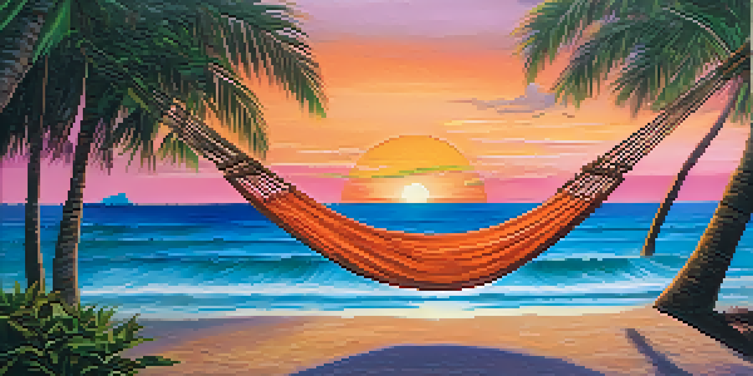 A tranquil beach scene at sunset with a hammock between palm trees and a coconut drink, showcasing vibrant colors in the sky and calm ocean waves.