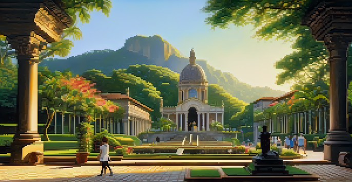 A tranquil scene of Parque Lage featuring greenery, a historic mansion, and people enjoying the gardens in soft sunlight.