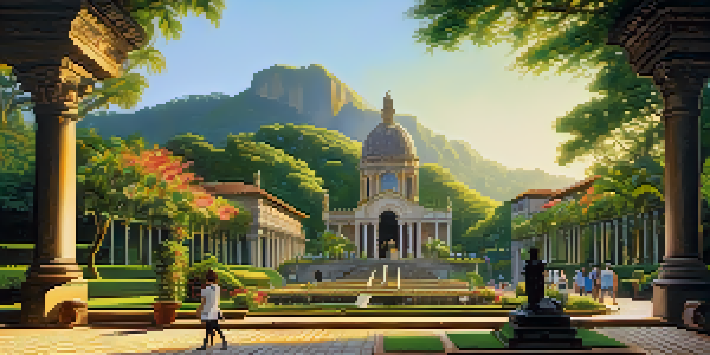 A tranquil scene of Parque Lage featuring greenery, a historic mansion, and people enjoying the gardens in soft sunlight.