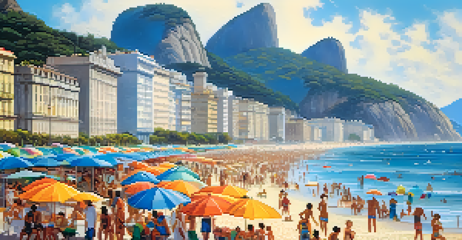 A lively beach scene at Copacabana, Rio de Janeiro, featuring sunbathers, umbrellas, and the Copacabana Palace in the background.