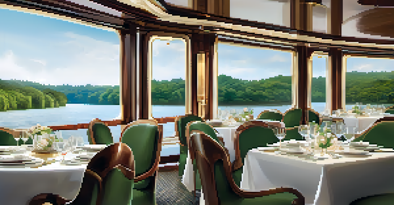 An elegant dining table on a luxury river cruise with gourmet dishes and a view of the river and rainforest.