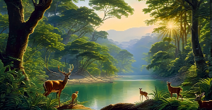 A peaceful jungle landscape featuring a river, colorful birds, and deer, with sunlight filtering through the trees.