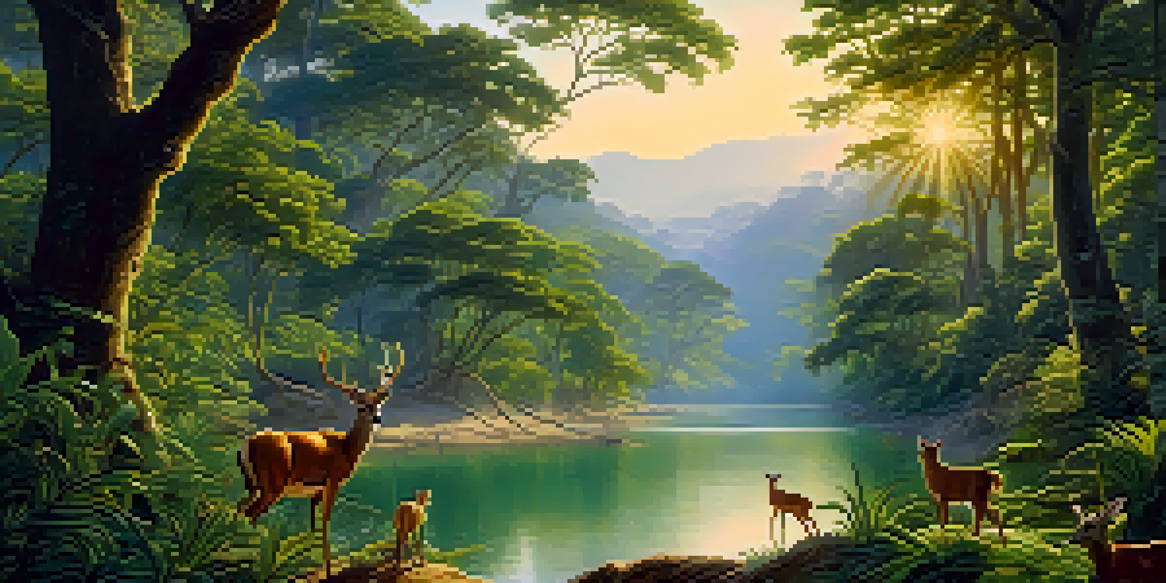 A peaceful jungle landscape featuring a river, colorful birds, and deer, with sunlight filtering through the trees.