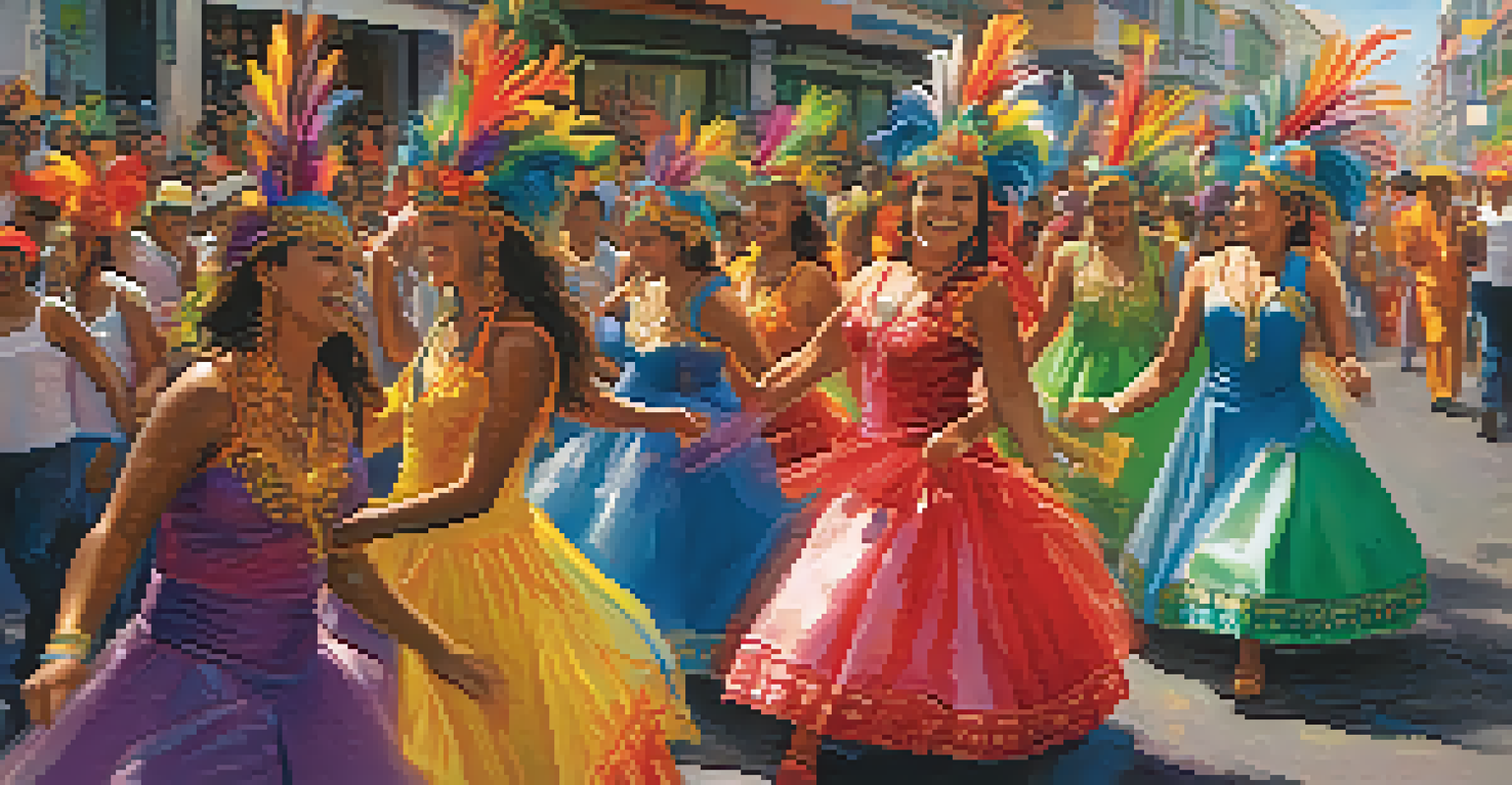 A vibrant Carnaval parade with dancers in colorful costumes celebrating in the streets, showcasing energy and unity.