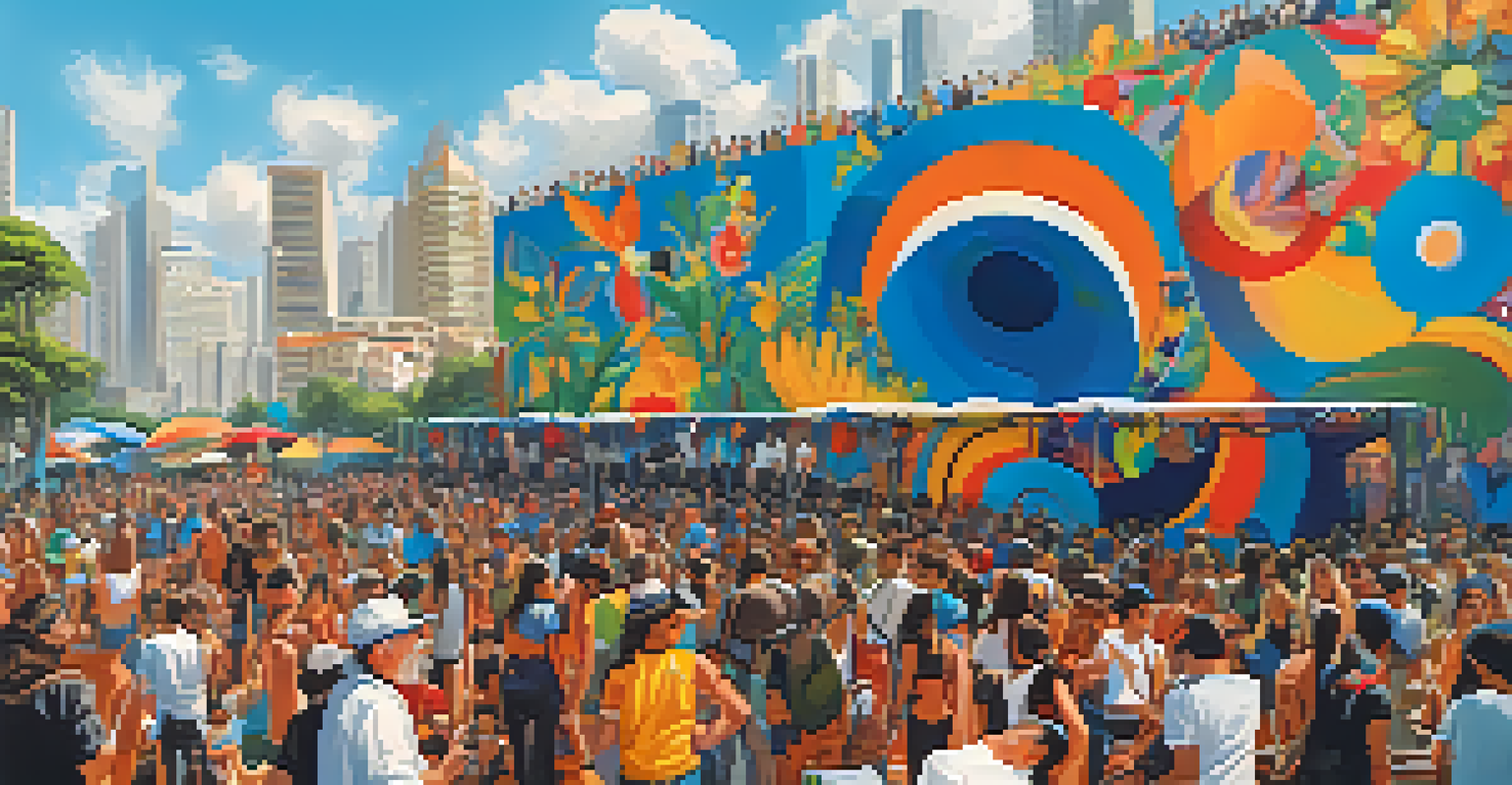 An art festival in São Paulo with artists painting murals and an excited crowd enjoying the event under a blue sky.