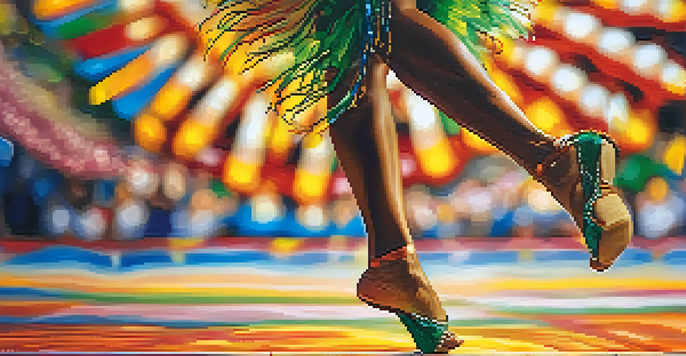 A close-up of a Samba dancer's feet performing Samba no Pé with vibrant shoes.