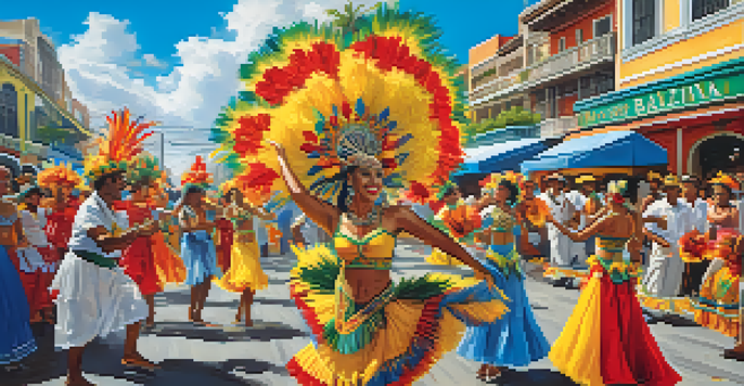 A lively Brazilian street festival with dancers in colorful costumes and festive decorations under a blue sky.