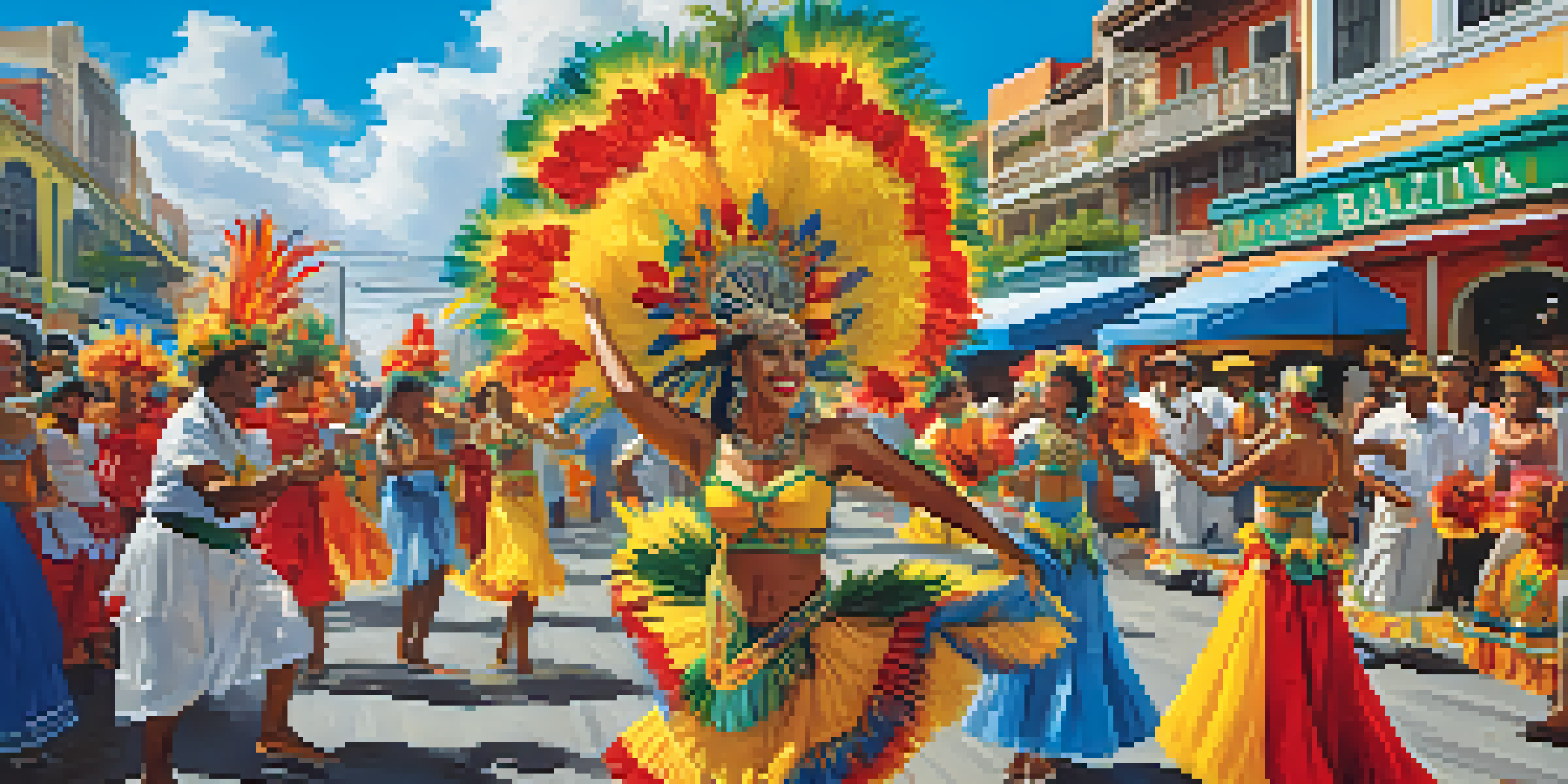 A lively Brazilian street festival with dancers in colorful costumes and festive decorations under a blue sky.