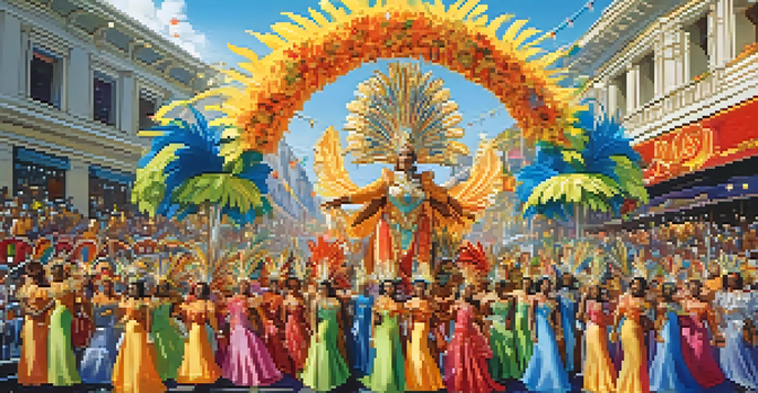 A lively Rio Carnival parade with samba dancers in colorful costumes, a decorated float, and an enthusiastic crowd under a clear blue sky.