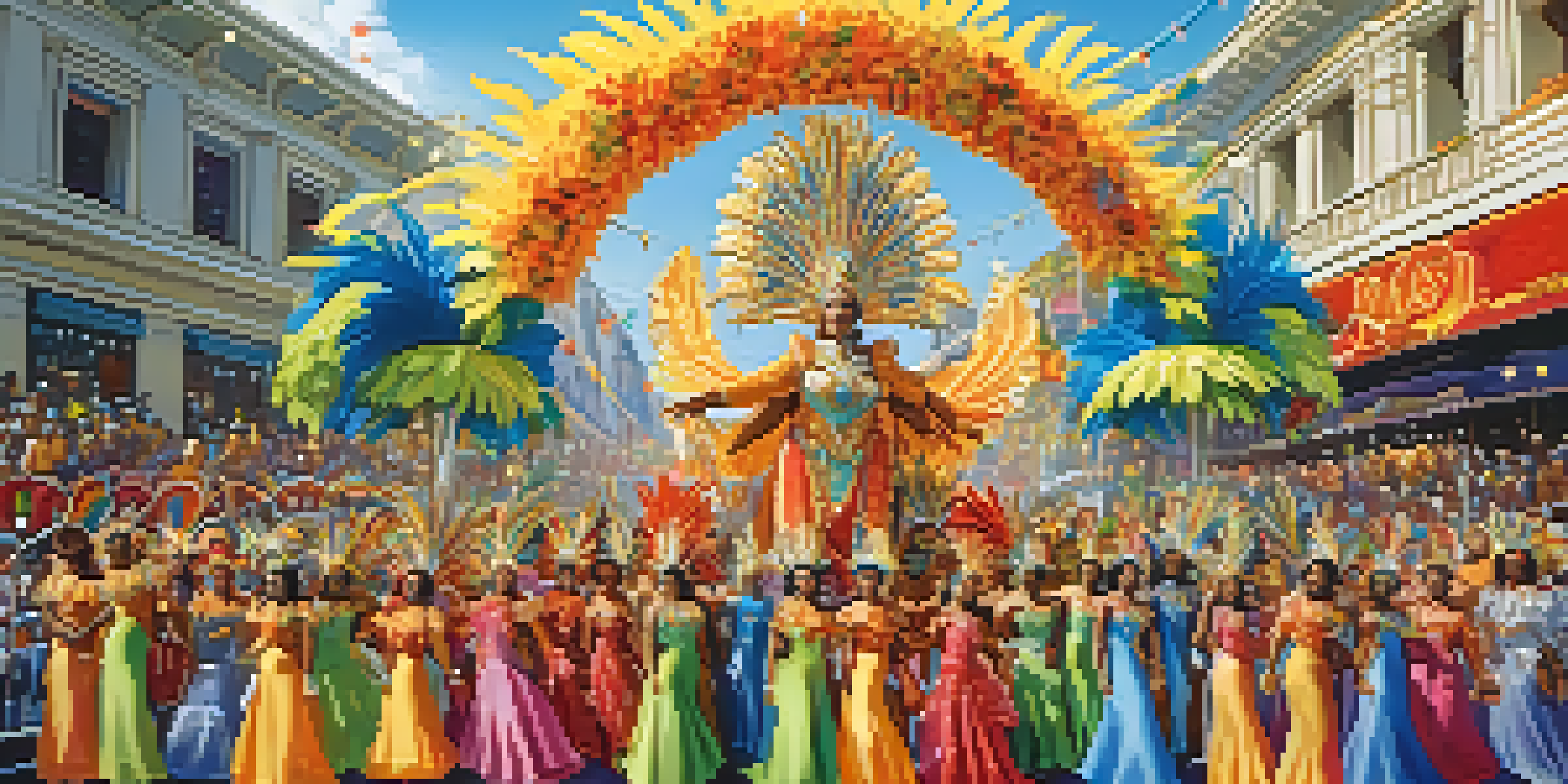 A lively Rio Carnival parade with samba dancers in colorful costumes, a decorated float, and an enthusiastic crowd under a clear blue sky.