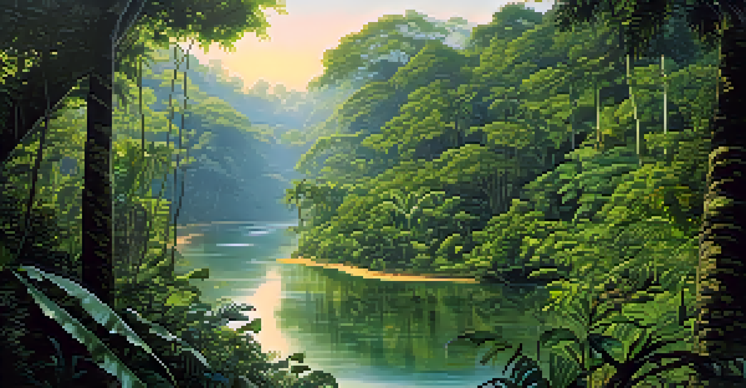 A tranquil view of the Amazon Rainforest with lush greenery, a winding river, and sunlight filtering through the trees.
