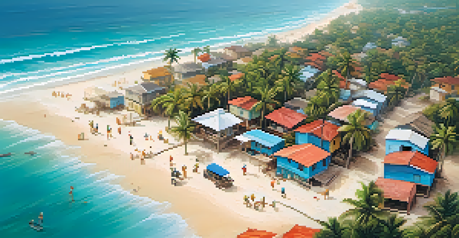 Aerial view of volunteers cleaning a beach in a coastal Brazilian village with clear waters and palm trees.
