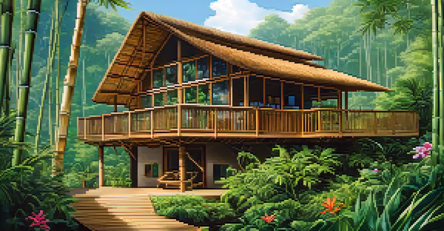 An eco-lodge in the rainforest made of bamboo, surrounded by greenery and flowers.