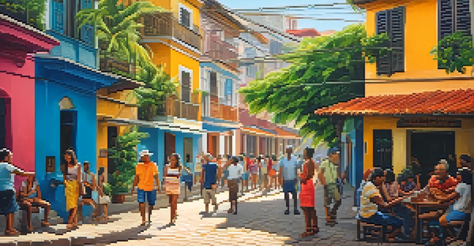 A lively Brazilian street scene with locals greeting each other warmly, featuring colorful buildings and greenery.