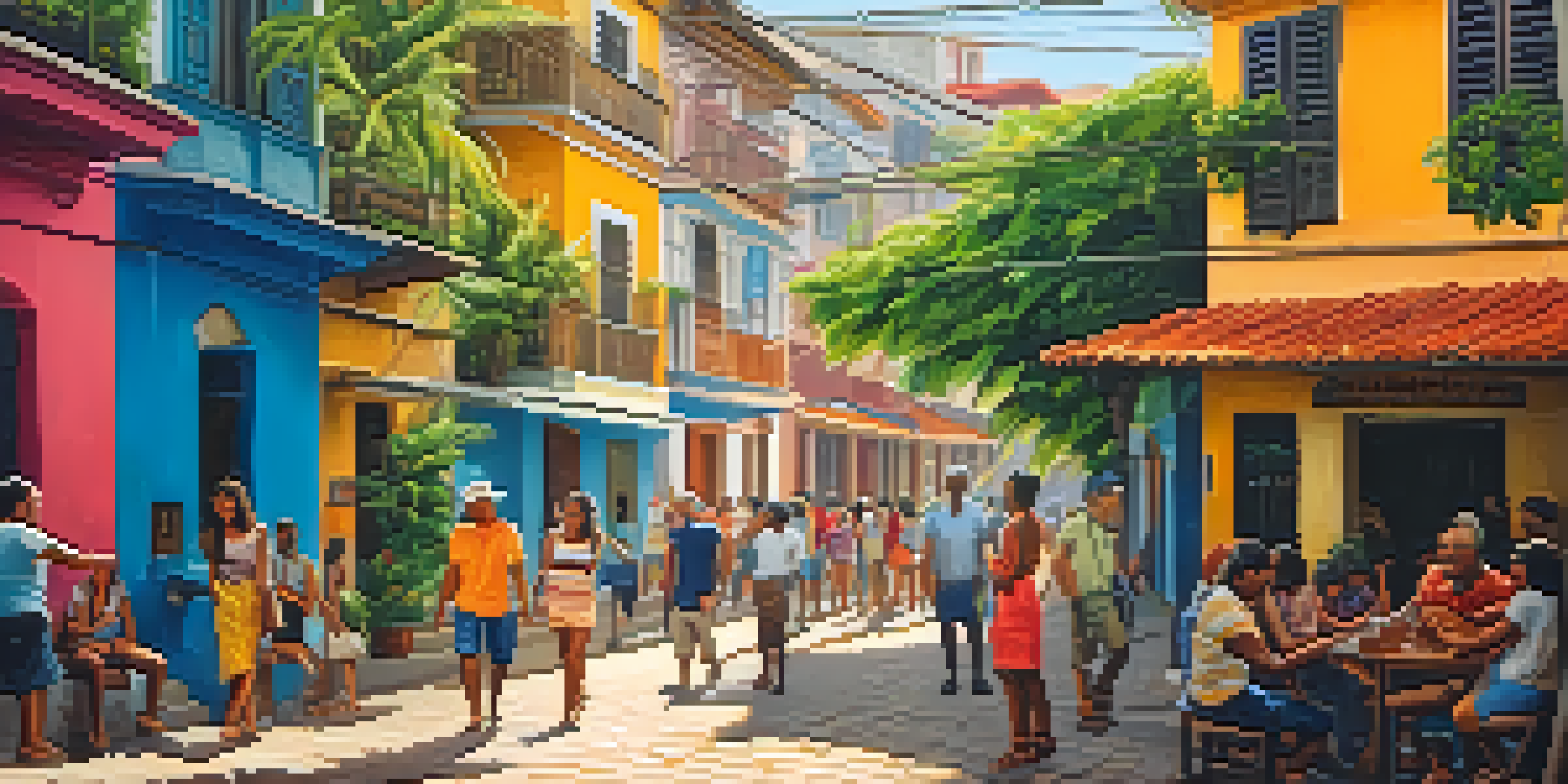 A lively Brazilian street scene with locals greeting each other warmly, featuring colorful buildings and greenery.