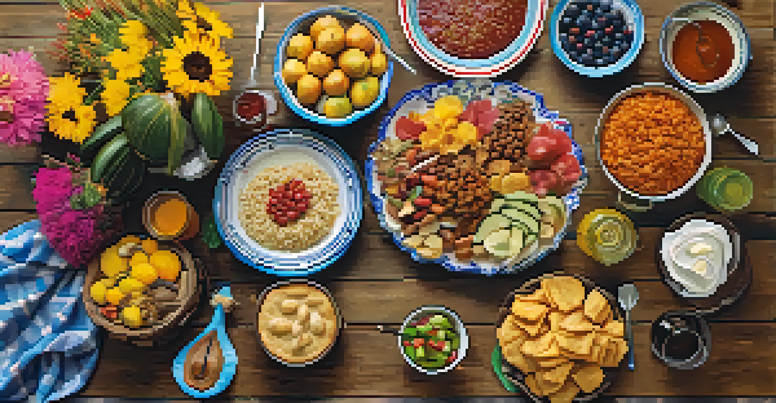 A rustic wooden table displaying traditional Festa Junina foods like pamonha and canjica, surrounded by colorful flowers and fabrics, illuminated by soft natural light.