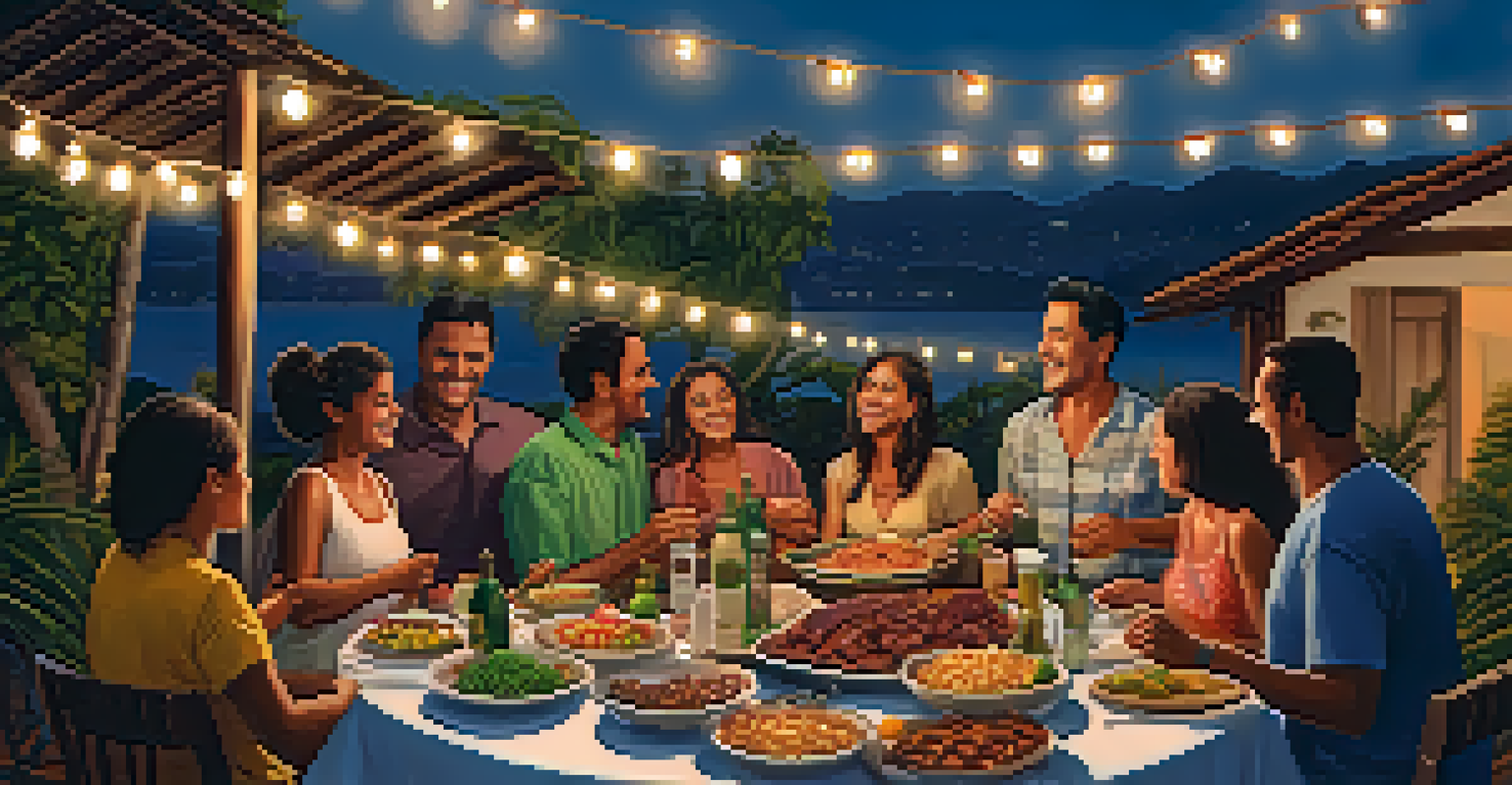 A joyful family gathering outdoors, with people sharing food and laughter around a buffet of Brazilian dishes, illuminated by string lights.