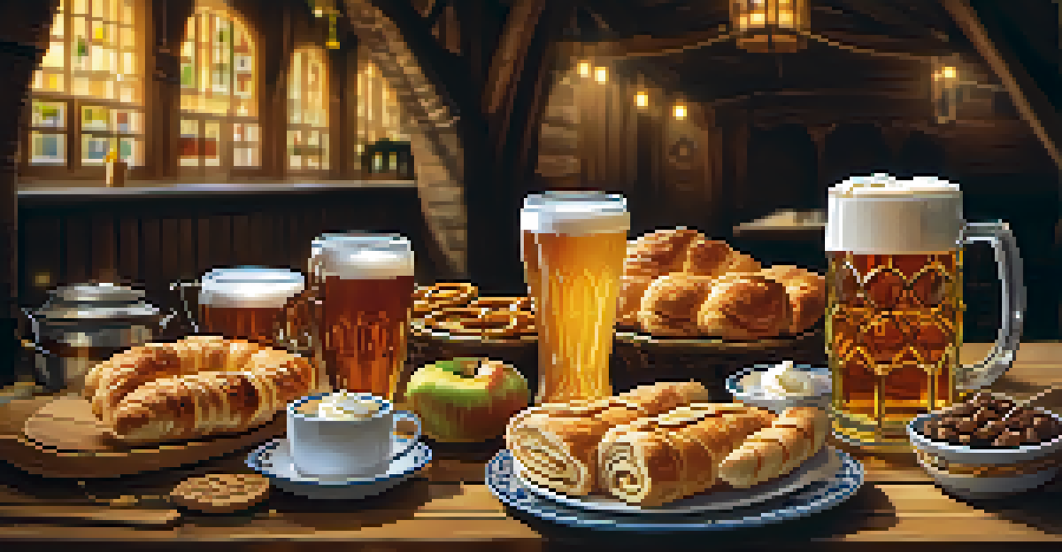 A beautifully arranged table with traditional German beers and snacks, creating a warm and inviting Oktoberfest atmosphere.