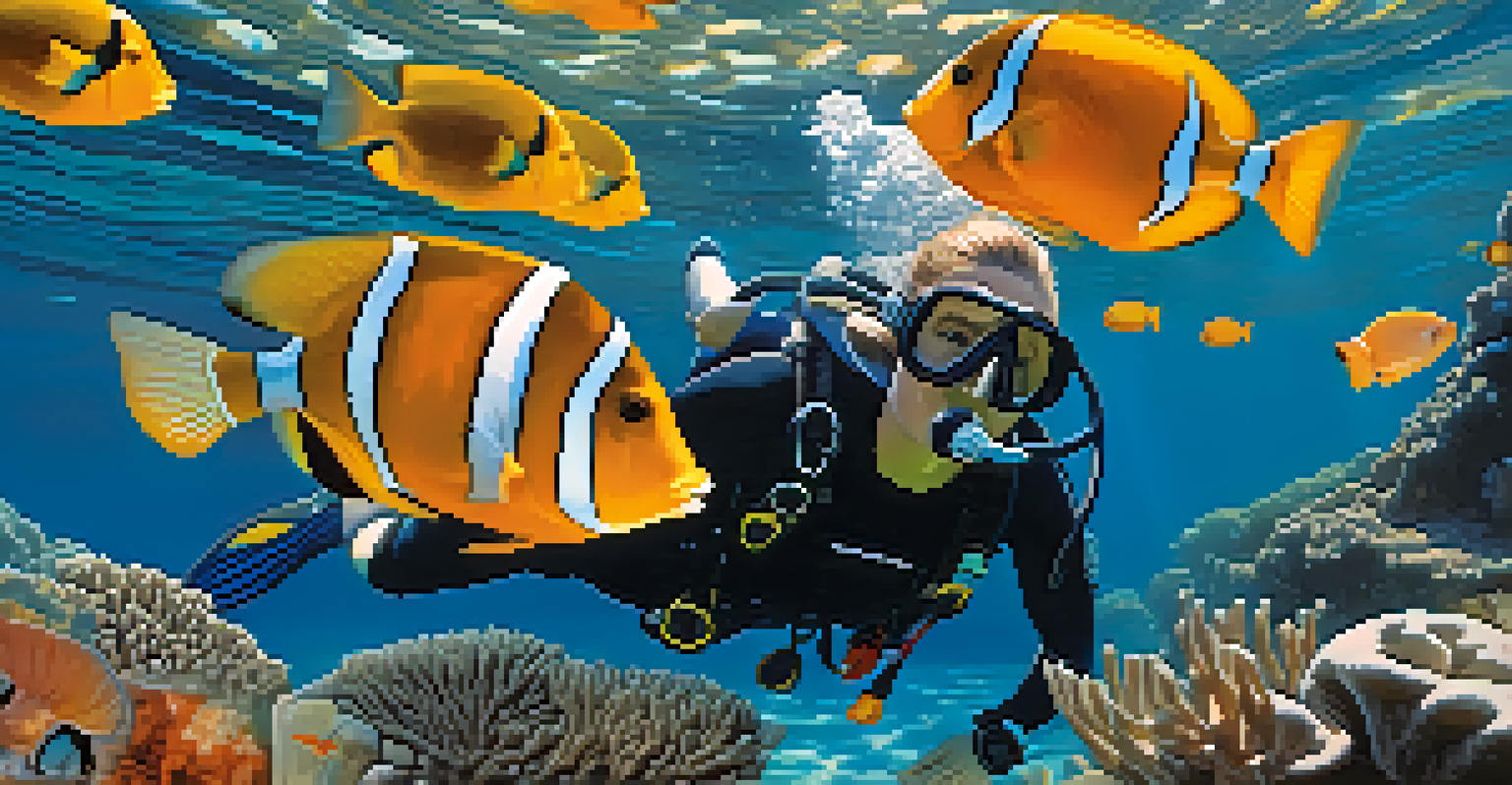 A close-up of a diver practicing buoyancy control above a vibrant coral formation in clear waters.