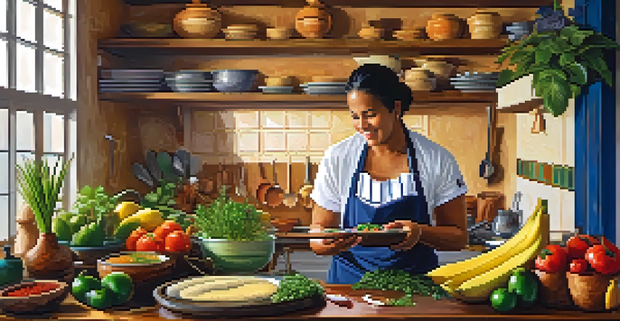 A colorful and lively Brazilian kitchen where a chef instructs students on traditional cooking techniques, surrounded by fresh ingredients and sunlight.