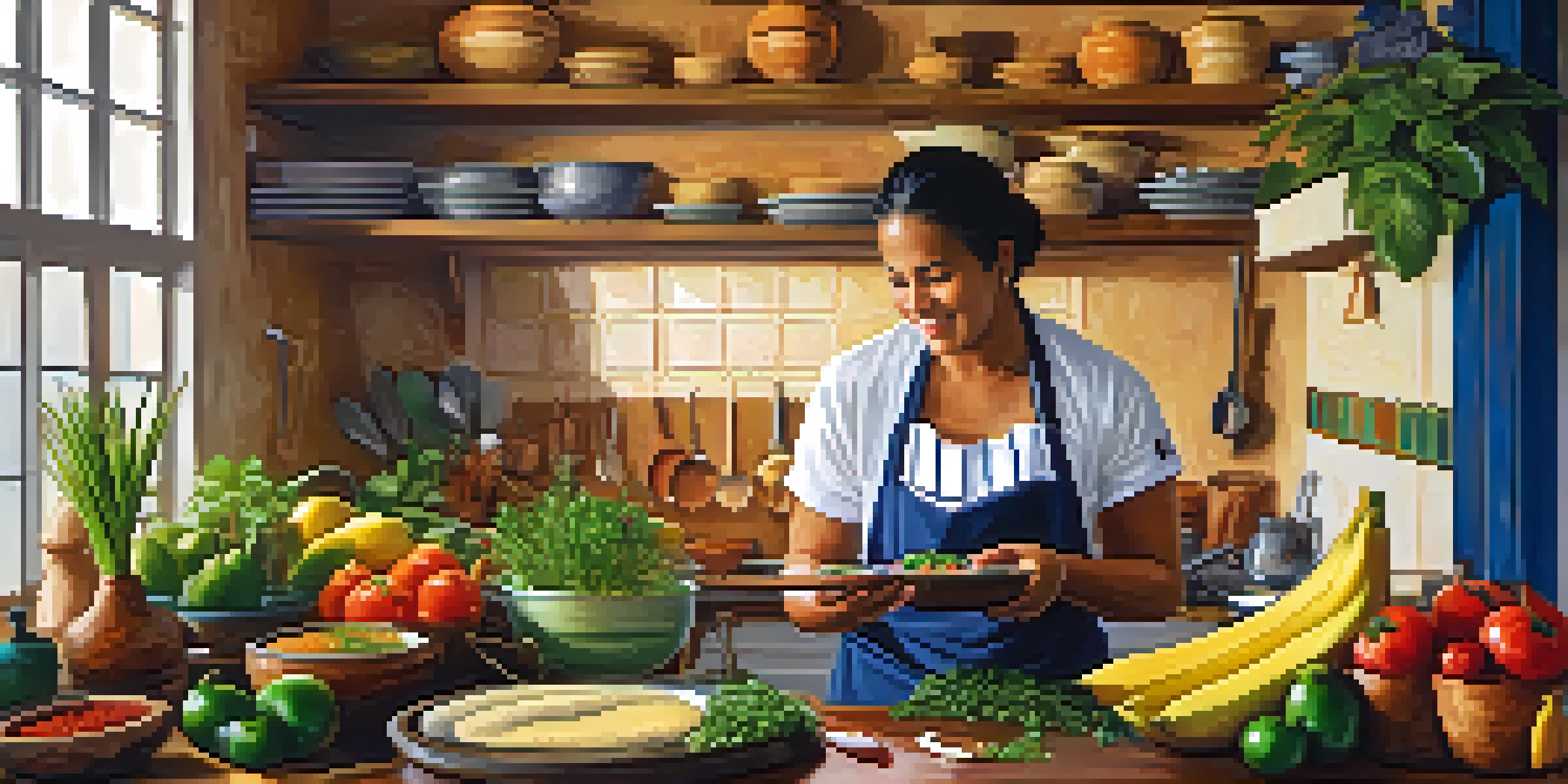 A colorful and lively Brazilian kitchen where a chef instructs students on traditional cooking techniques, surrounded by fresh ingredients and sunlight.