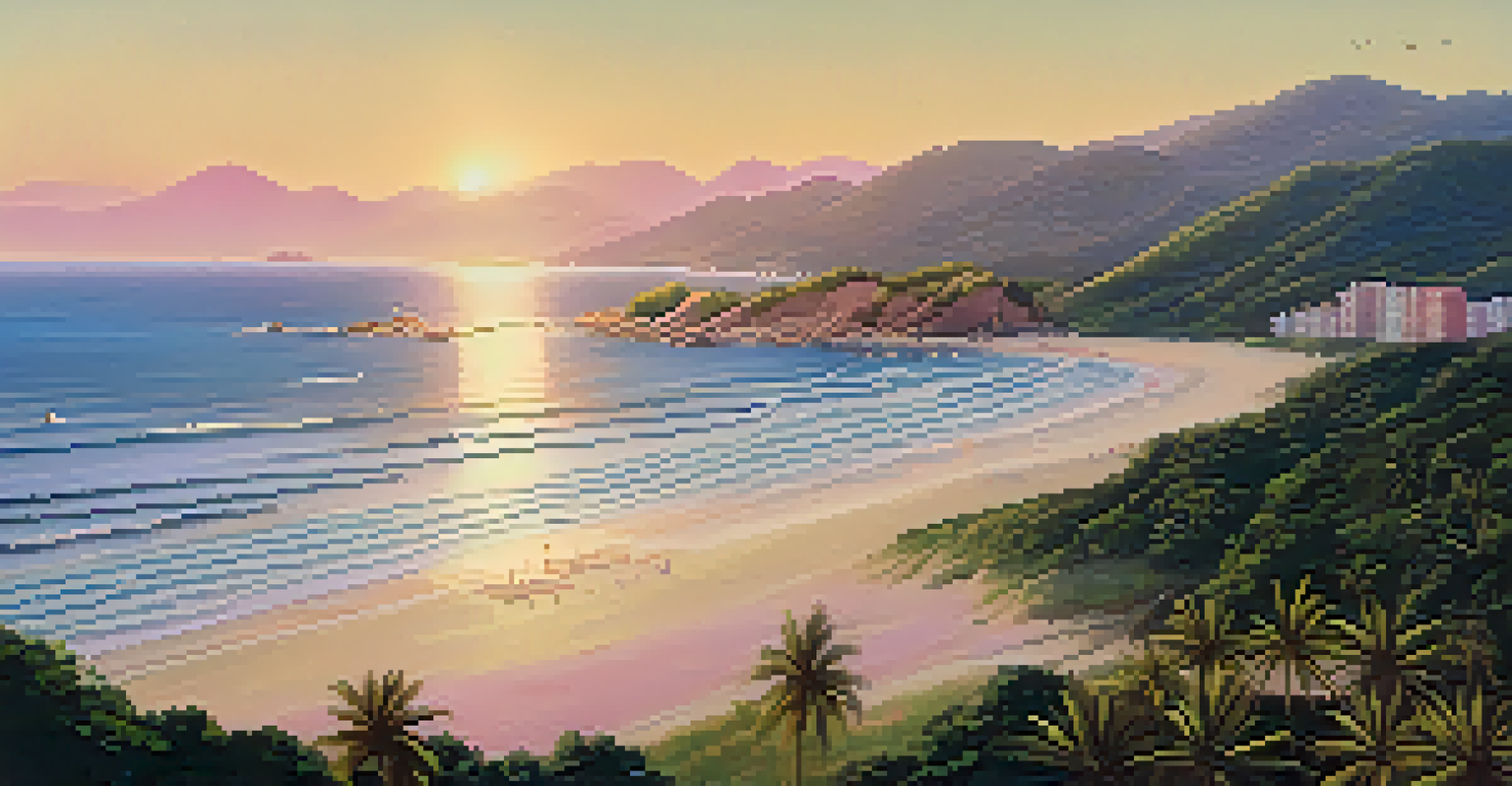 A peaceful beach in Florianópolis at golden hour, featuring sandy shores, beach umbrellas, and distant islands against a colorful sunset.