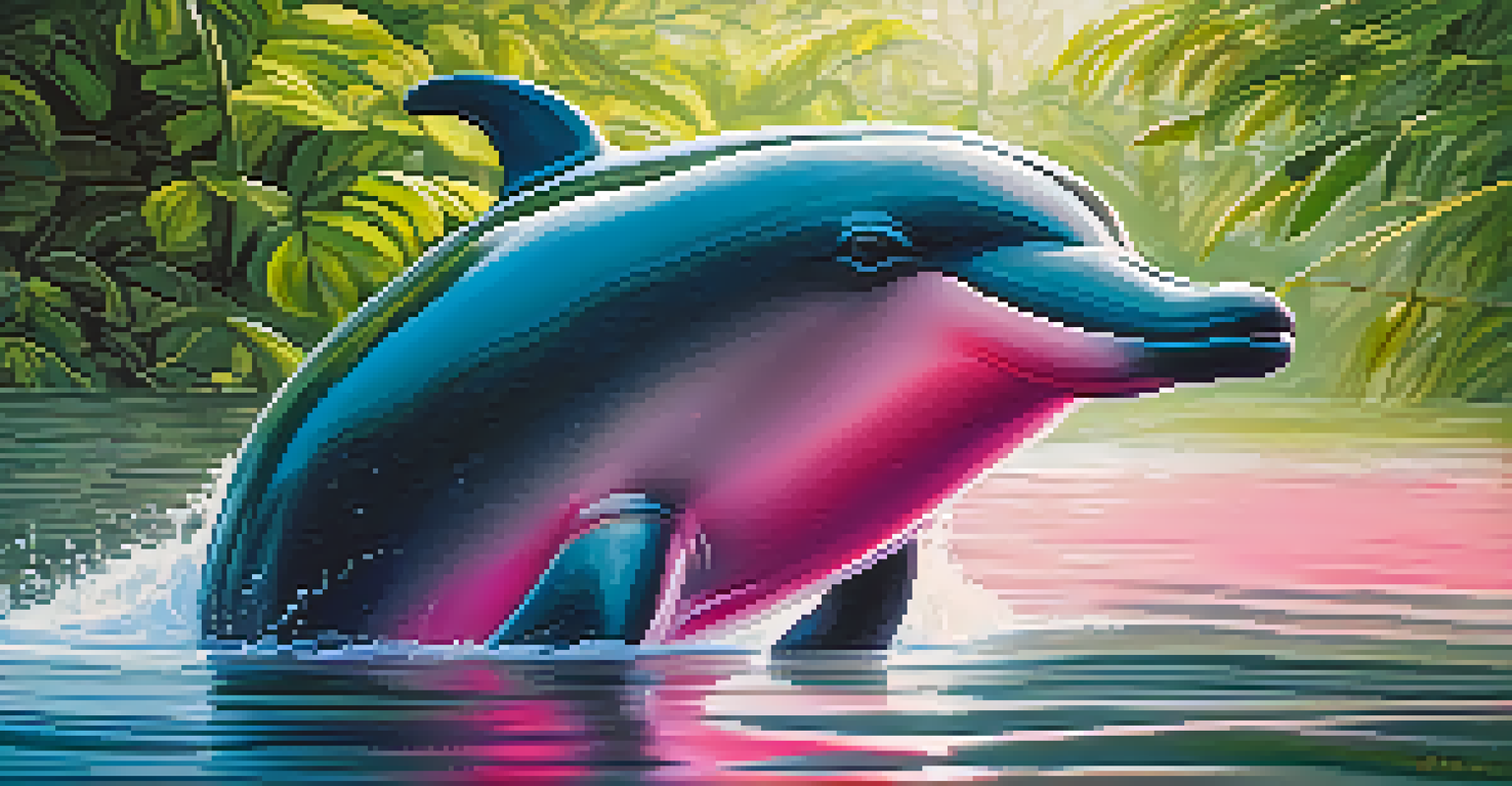 A close-up image of a pink river dolphin swimming in clear water, with sunlight reflecting off the surface and lush greenery in the background.