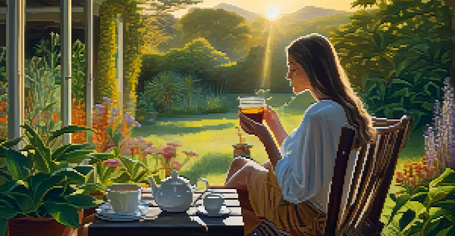 A person relaxing outdoors with a cup of herbal tea, surrounded by a garden of Brazilian medicinal plants in sunset light.