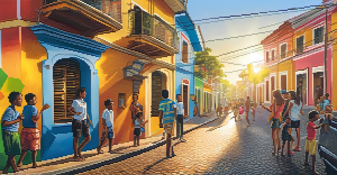 A colorful mural on a wall in a Brazilian city, with locals conversing and children playing under a warm sunset light.